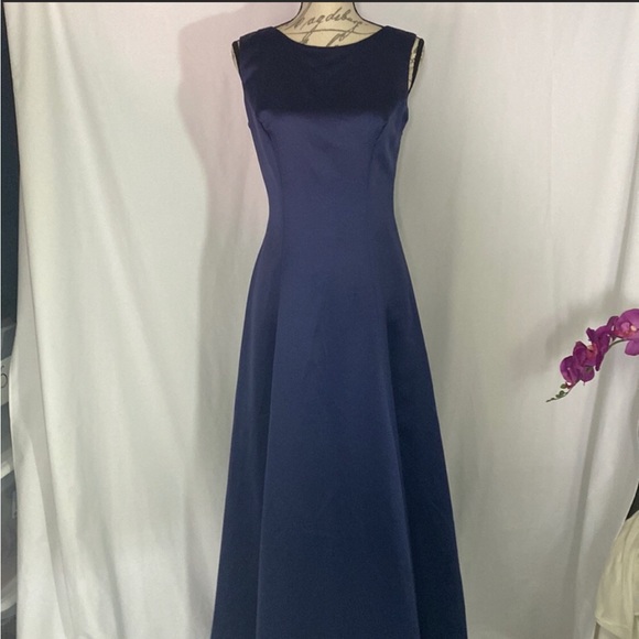Vintage Bill Levkoff Navy Blue Satin Bridesmaid Satin Dres Beautiful - Picture 3 of 6